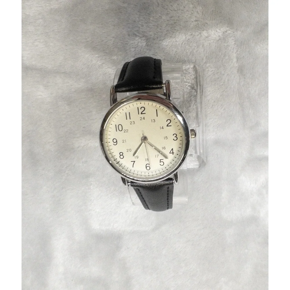 Mens Minimalist 30mm Watch Black Leather Strap 24 Hour Dial Silver Case